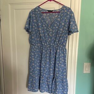 SHEIN Blue and White V-Neck Flutter Sleeve Mini Dress